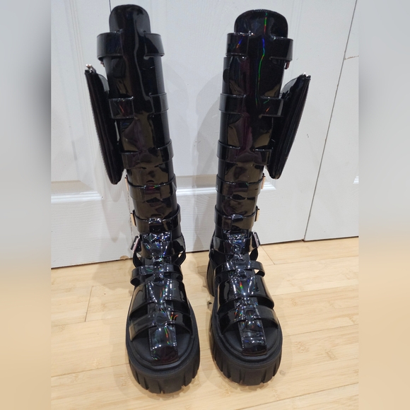 Dolls kill Holographic Oil slick black Club Exx Stage Diver Gladiator Sandals 9 - Picture 9 of 16